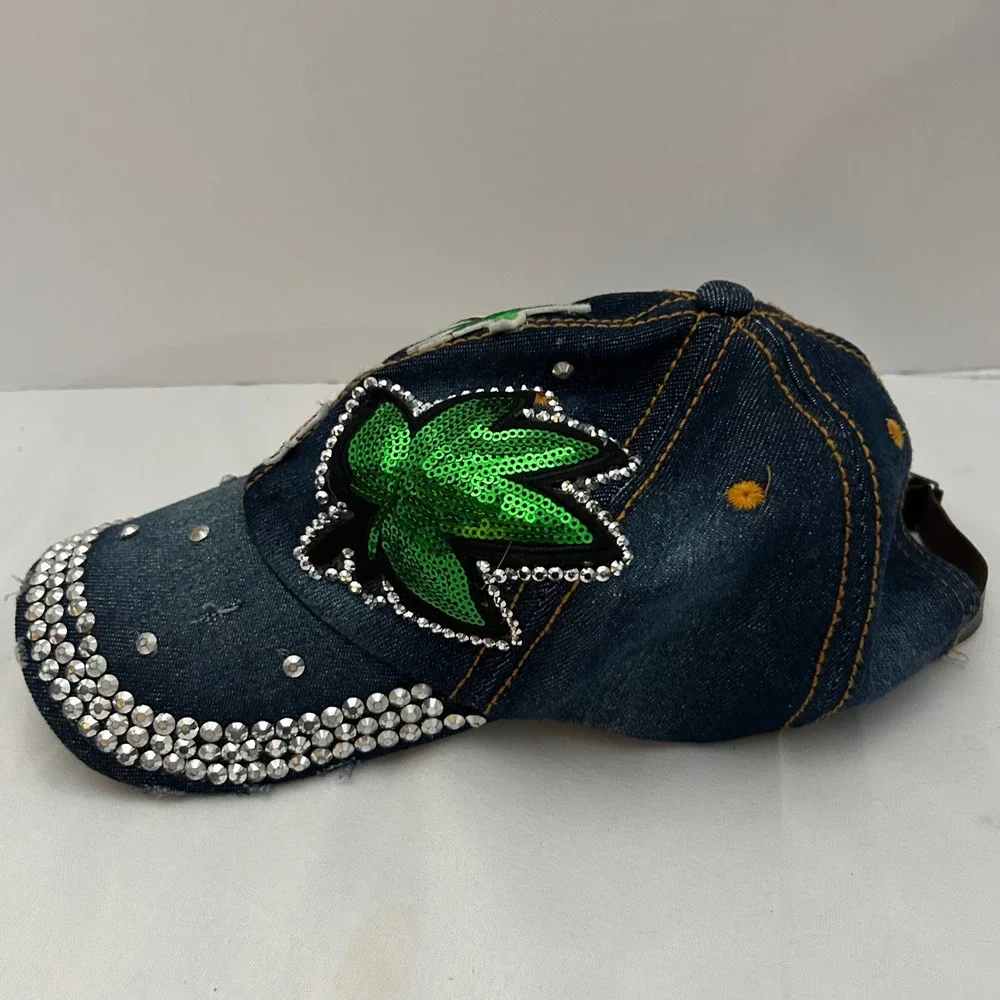 Denim Chic‎ Baseball Cap Rhinestone Palm Tree Sequin Novelty Hat- see pics